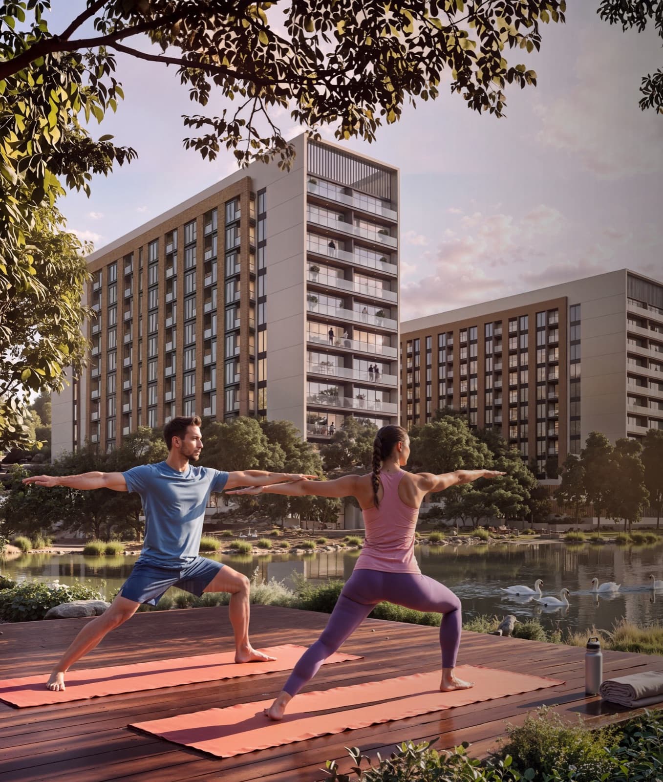 Sobha Sanctuary — wellness decks over the community lagoon